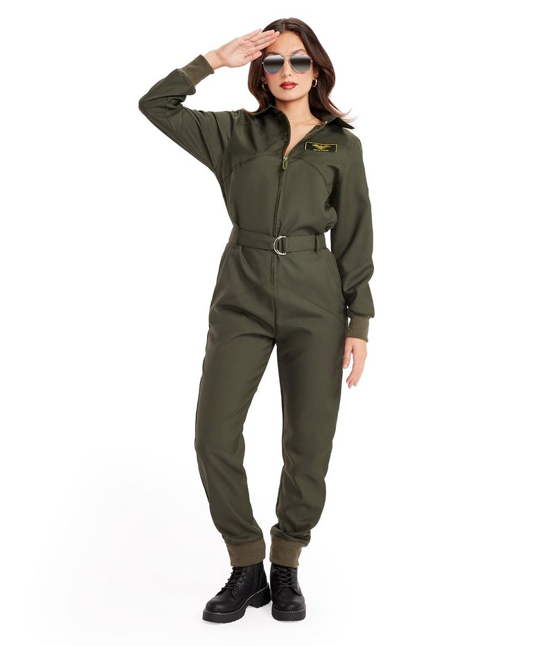Tipsy Elves' Women's Pilot Costume - Green Military Flight Halloween Jumpsuit Size Medium - Image 1
